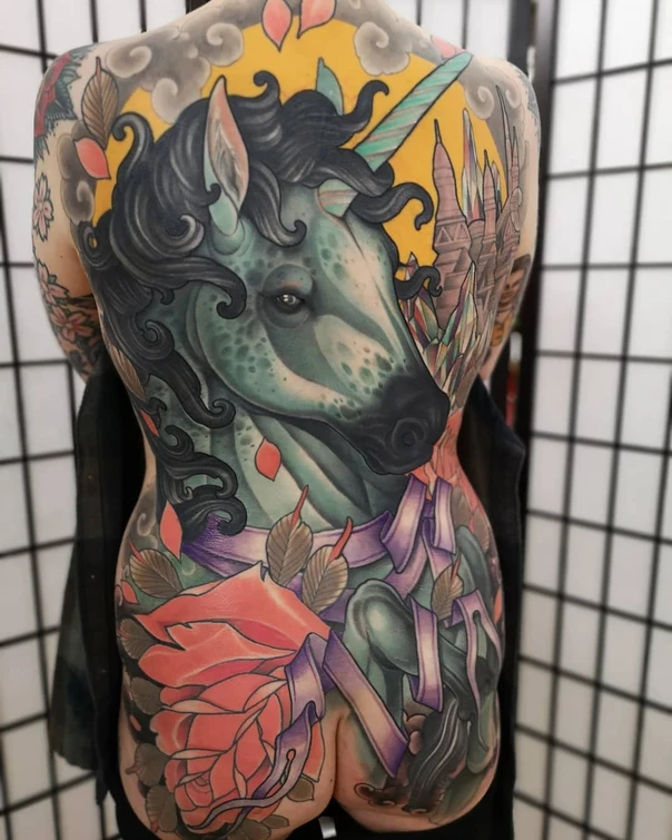 Illustrative Unicorn, Rose tattoo on Full Back