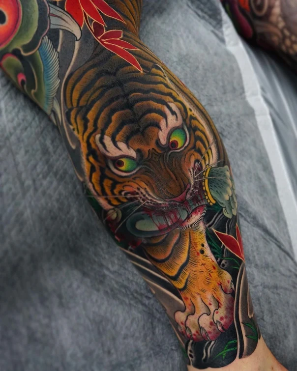 Japanese Tiger, Flowers tattoo on Forearm