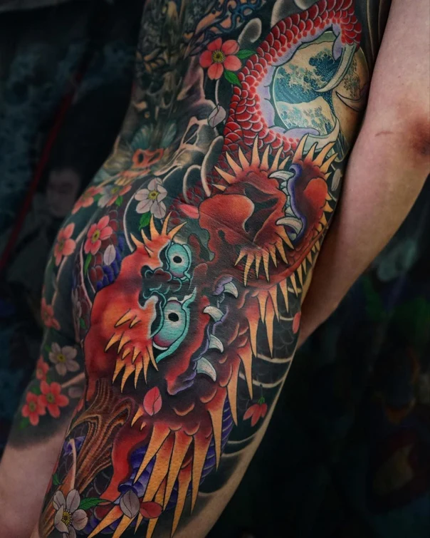 Japanese Dragon, Flowers tattoo on Full Back