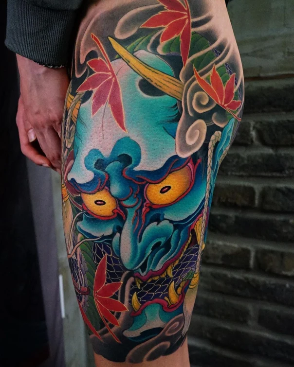 Japanese Oni, Maple leaves tattoo on Thigh
