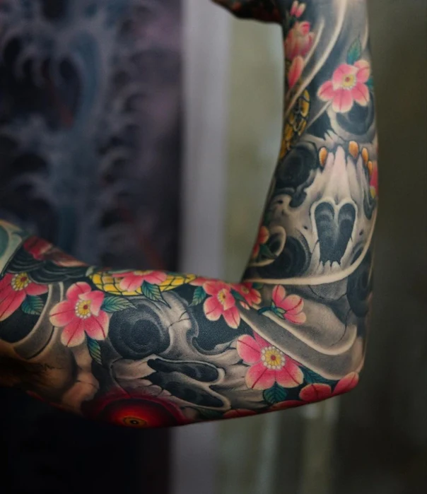 Japanese Skull, Flowers tattoo on Full Sleeve