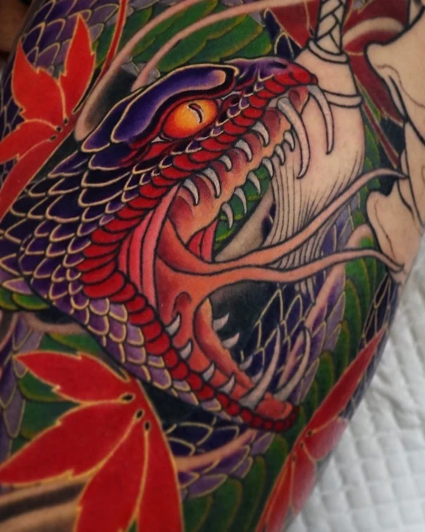 Japanese Snake, Leaves tattoo on Forearm