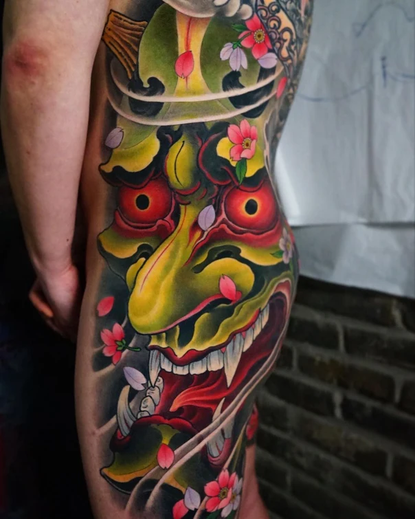 Japanese Oni, Flowers tattoo on Side