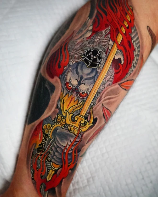 Japanese Lion, Sword tattoo on Forearm
