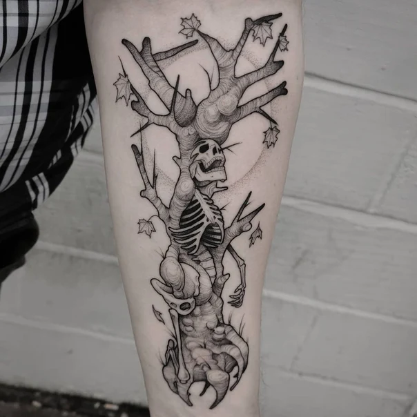 Blackwork Skeleton, Tree tattoo on Forearm