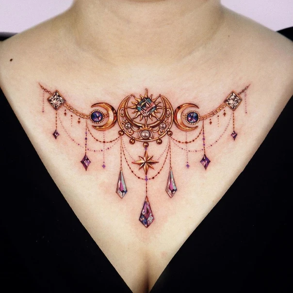Ornamental Moon, Star tattoo on Sternum