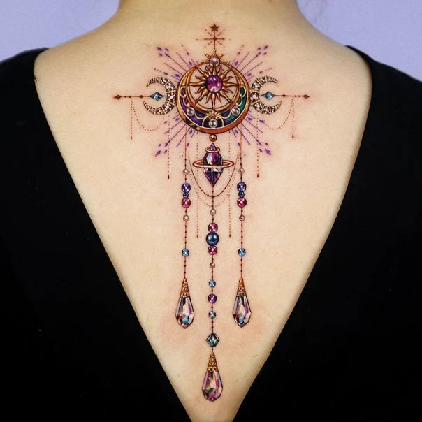 Ornamental Celestial, Gemstones tattoo on Upper Back