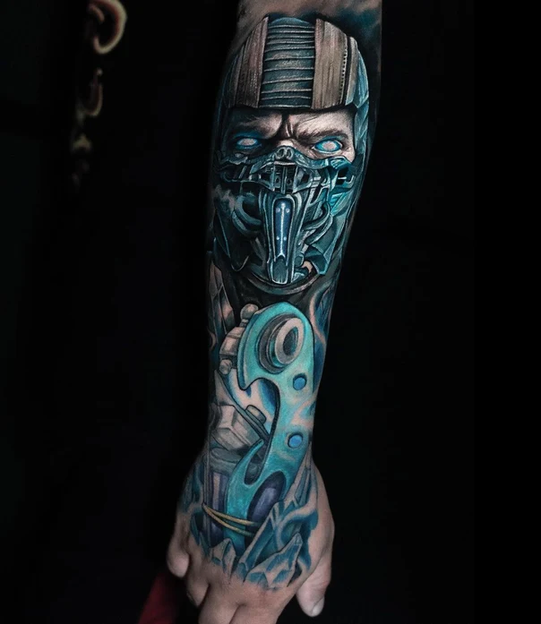 Biomechanical Robot, Face tattoo on Full Sleeve