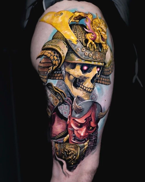 Realism Samurai, Skull tattoo on Thigh