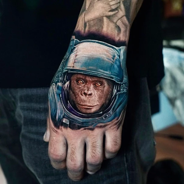Realism Monkey, Helmet tattoo on Back of Hand