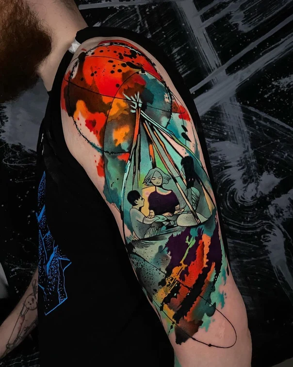 Watercolor People, Tent tattoo on Full Sleeve