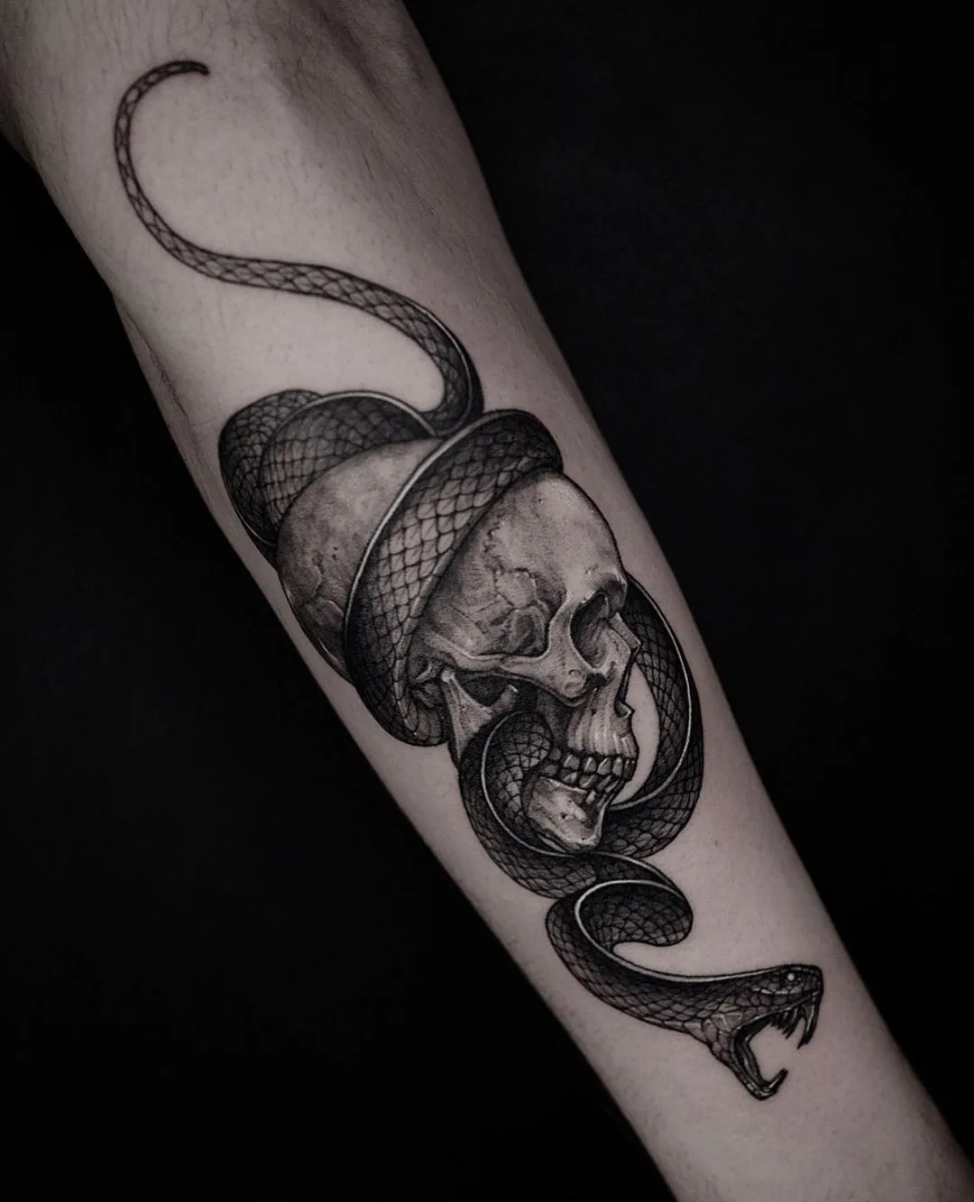 A detailed black and grey realistic tattoo of a skull being coiled by a snake, the serpent threading through the eye socket and jaw.