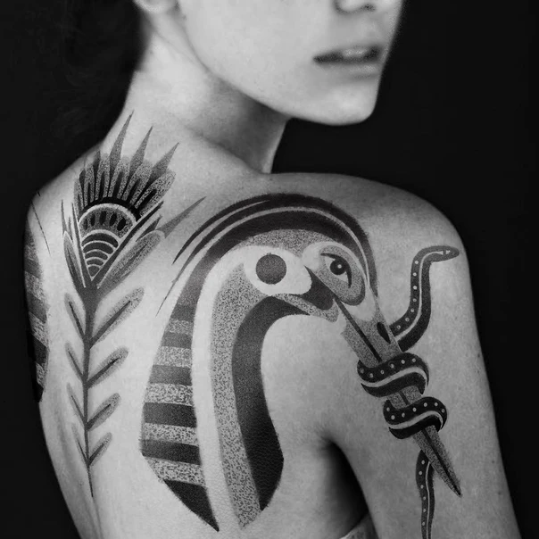 Geometric Bird, Snake tattoo on Shoulder Blade