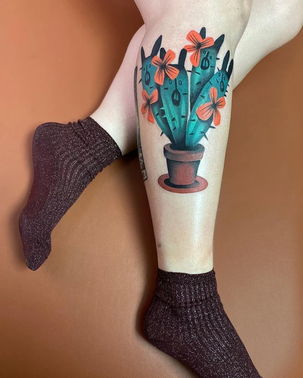 Illustrative Cactus, Flowers tattoo on Calf