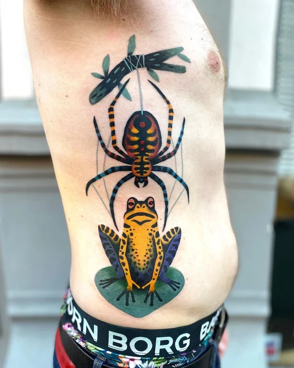 Illustrative Spider, Frog tattoo on Ribcage