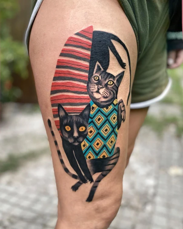 Illustrative Cat tattoo on Thigh