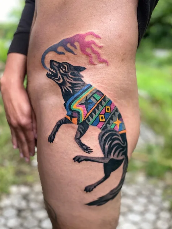 color illustrative tattoo on thigh #41038 | Tattoo Artist Mariñe Perez