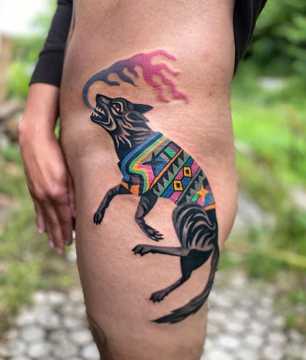 Illustrative Wolf, Geometric tattoo on Thigh