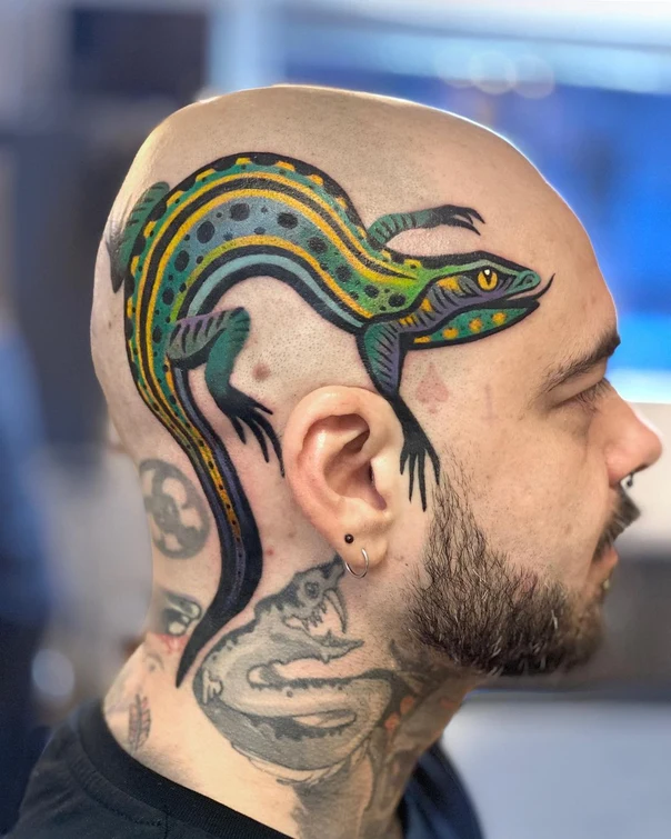 Traditional Lizard tattoo on Head