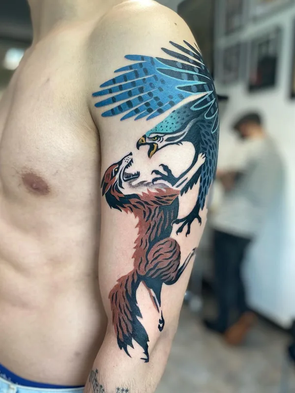 male color illustrative tattoo on upper arm #41032 | Tattoo Artist Mariñe Perez