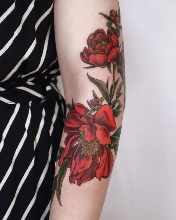 Botanic Flower, Peony tattoo on Forearm