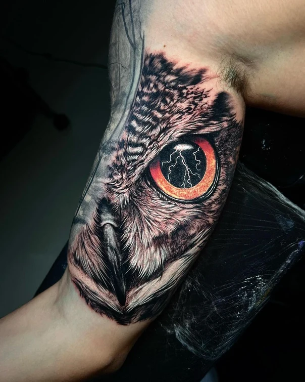 Realism Owl, Eye tattoo on Forearm