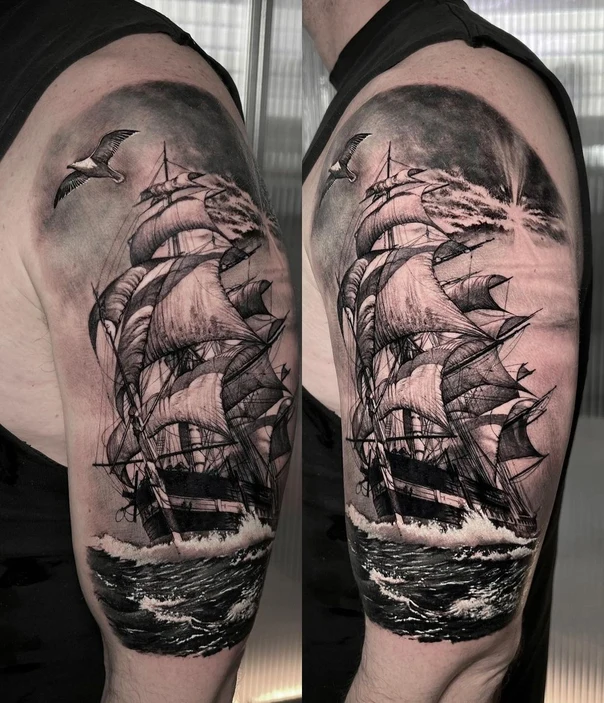 Black & Grey Ship, Ocean tattoo on Full Sleeve