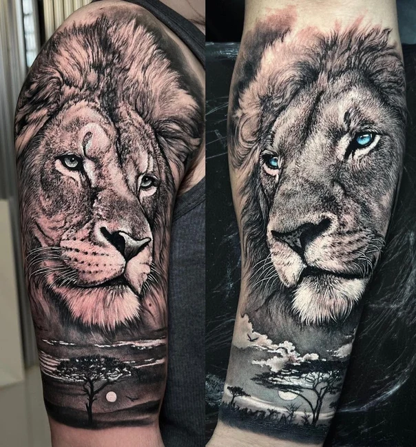 Realism Lion, Landscape tattoo on Forearm