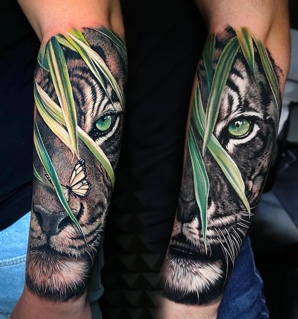 Realism Tiger, Butterfly tattoo on Forearm