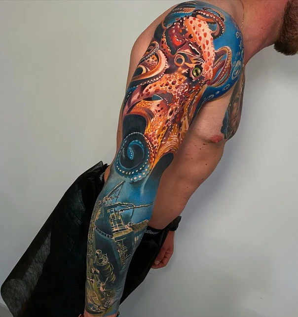 Realism Octopus, Underwater tattoo on Full Sleeve
