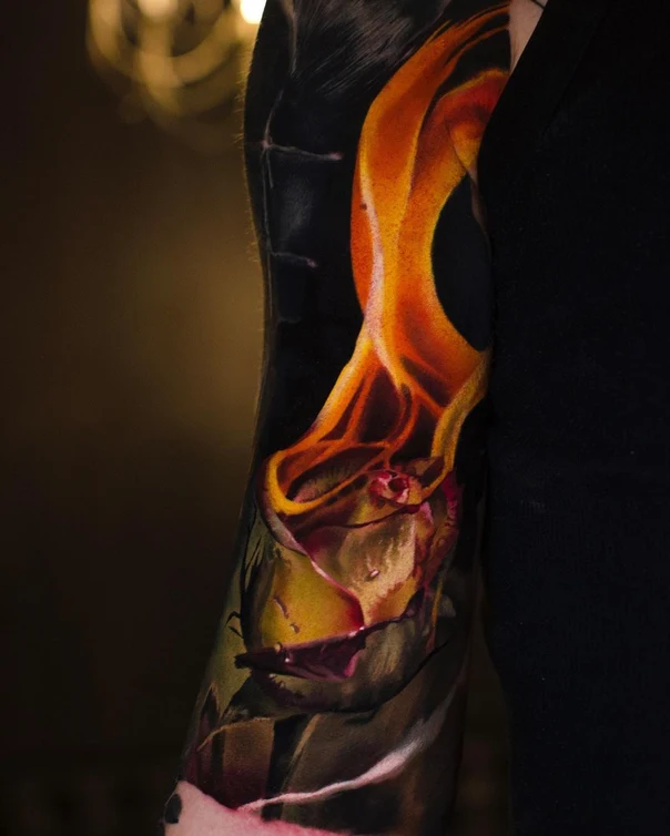 Realism Fire, Rose tattoo on Full Sleeve