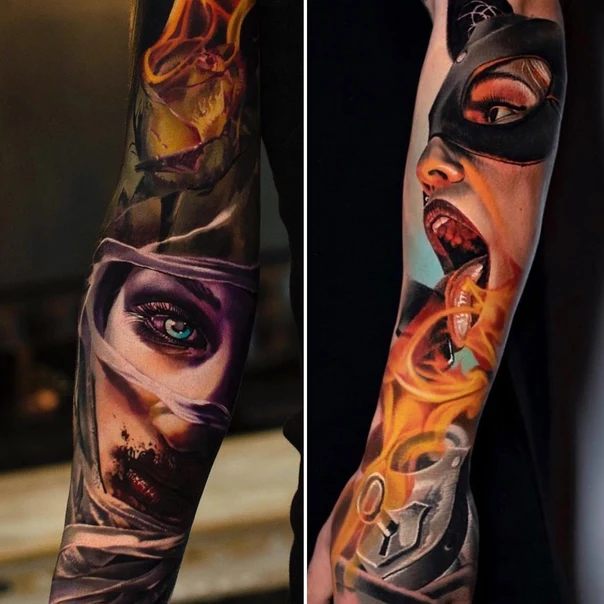 Realism Portrait, Fire tattoo on Full Sleeve