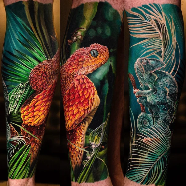Realism Snake, Chameleon tattoo on Full leg