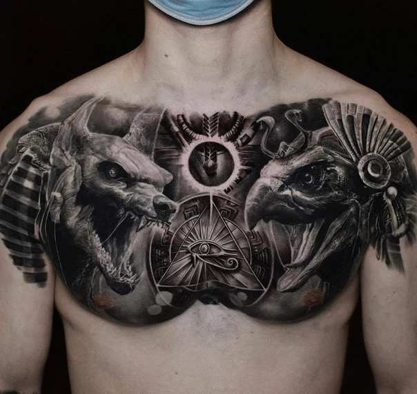 Black & Grey Egyptian, Animal tattoo on Chest