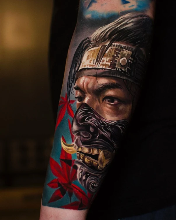 Realism Samurai, Mask tattoo on Forearm