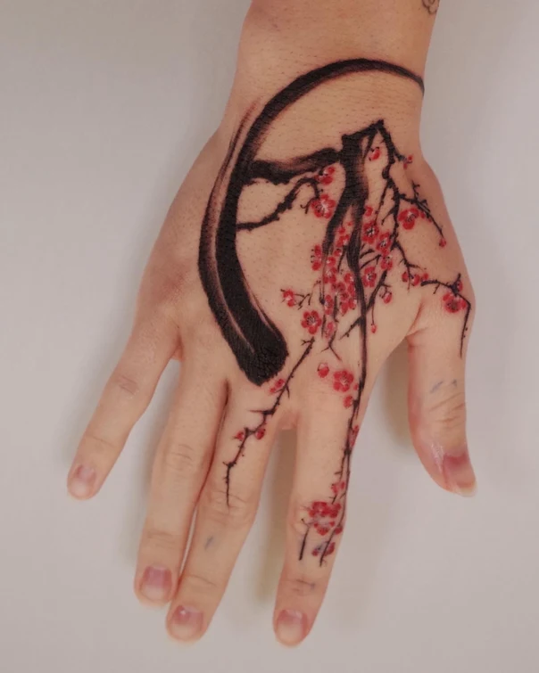 Japanese Cherry blossom, Branch tattoo on Back of Hand