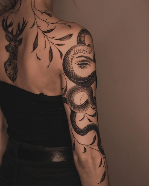 Blackwork Snake, Eye tattoo on Full Sleeve