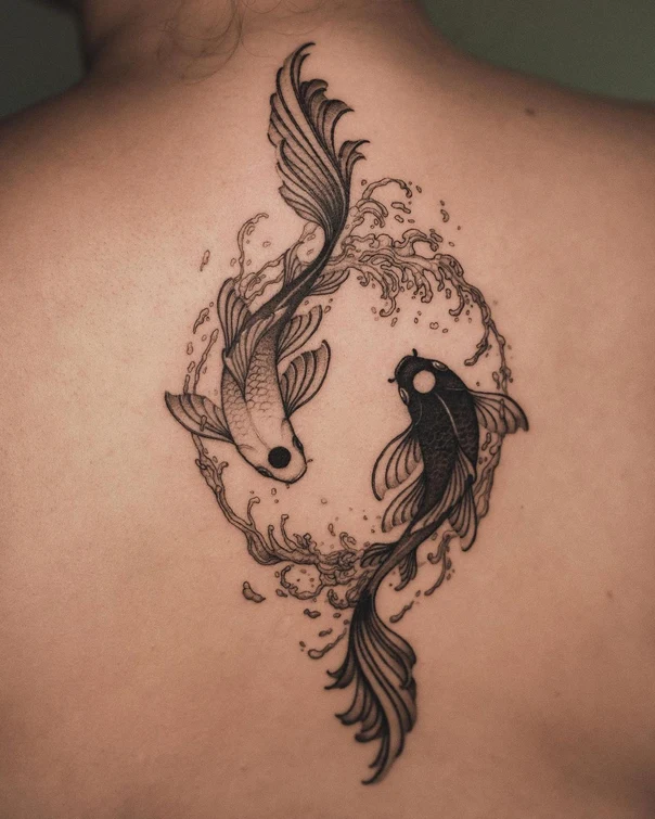 Blackwork Fish, Water tattoo on Upper Back