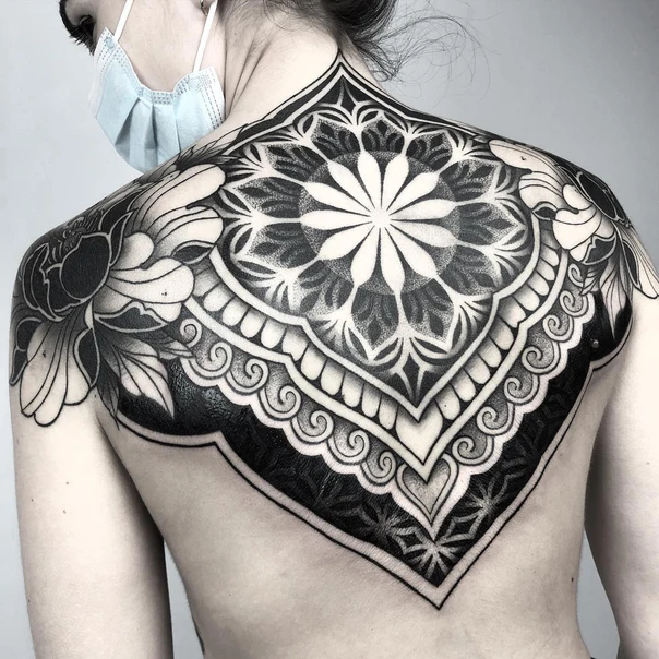 Ornamental Mandala, Floral tattoo on Upper Back