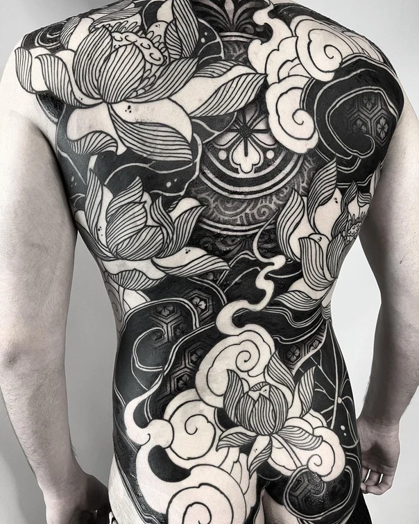 Blackwork Lotus, Clouds tattoo on Full Back