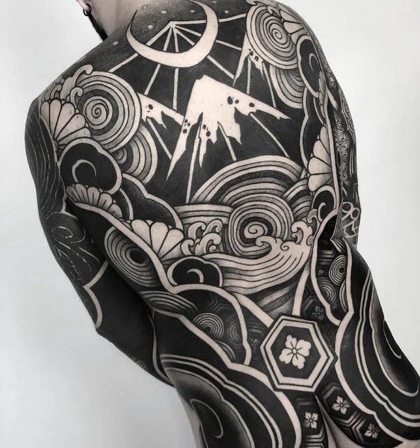 Japanese Mountains, Waves tattoo on Full Back
