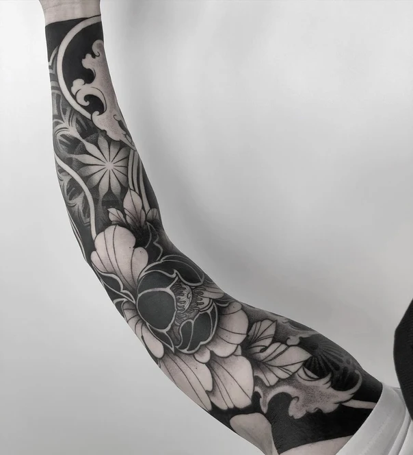 Blackwork Flower, Wave tattoo on Full Sleeve