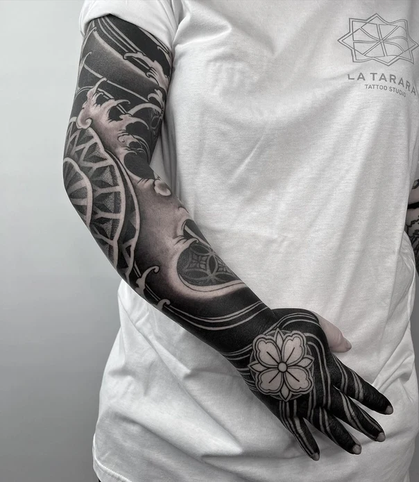 Japanese Waves, Flower tattoo on Full Sleeve