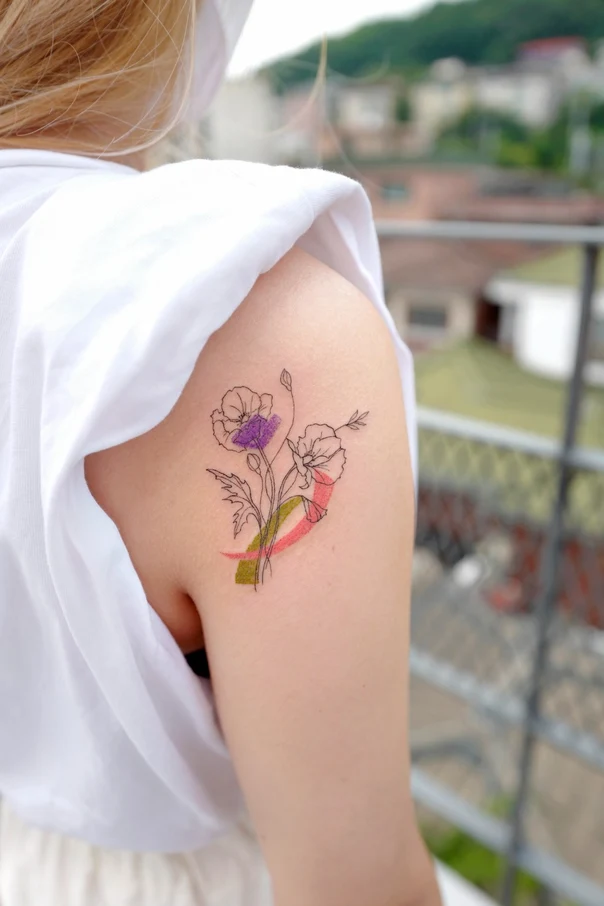 Linework Flowers, Poppy tattoo on Shoulder