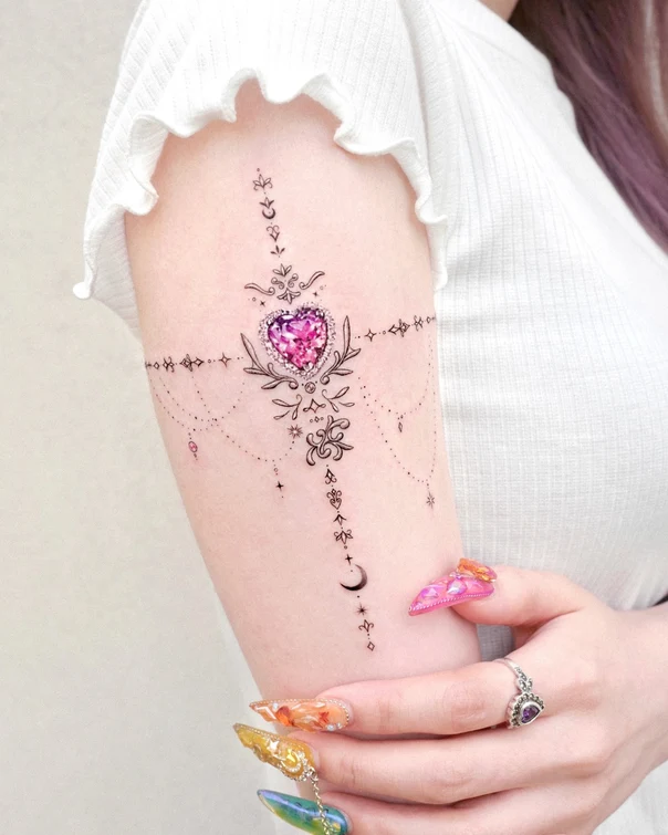 Fineline Heart, Jewel tattoo on Upper Arm