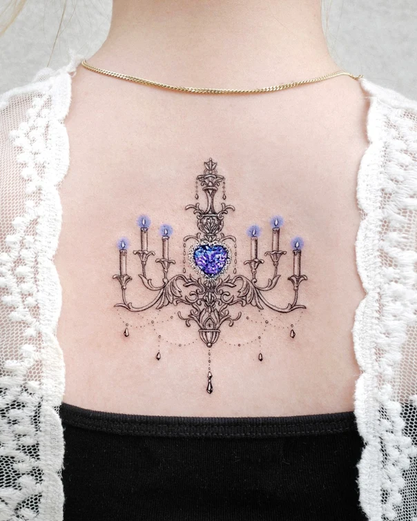 Fineline Chandelier, Gem tattoo on Upper Back