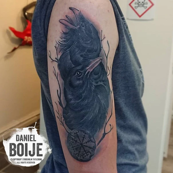 Black & Grey Raven, Ornamental tattoo on Upper Arm