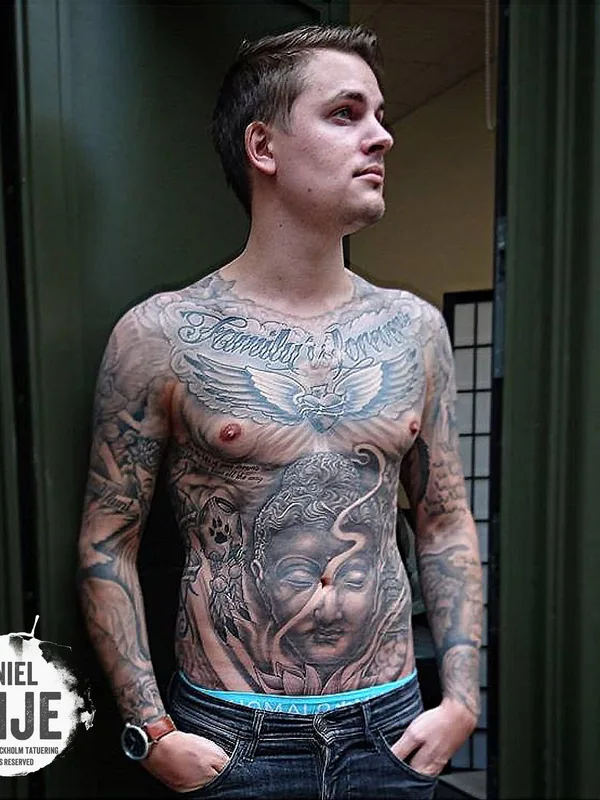 male black and grey black and grey 纹身 在 chest #55645 | 纹身师 Stockholm Tatuering