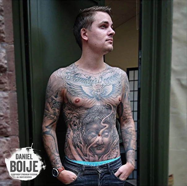 Black & Grey Buddha, Wings tattoo on Chest