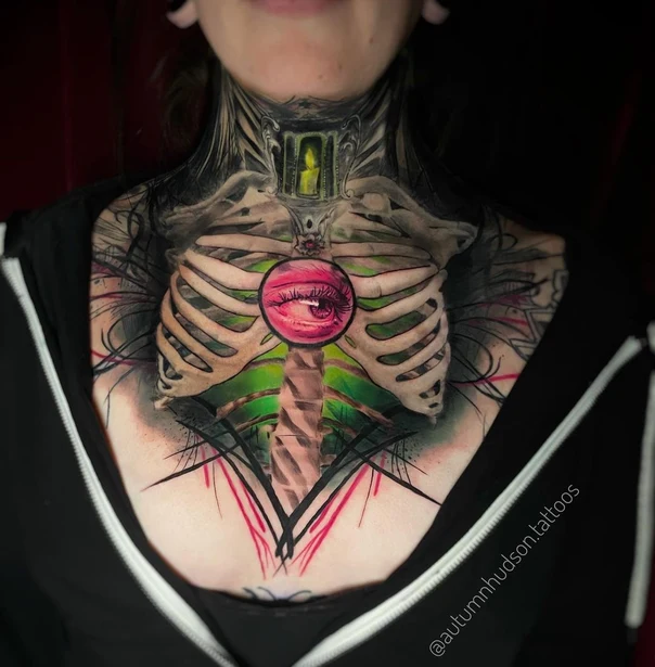 Biomechanical Ribcage, Eye tattoo on Chest